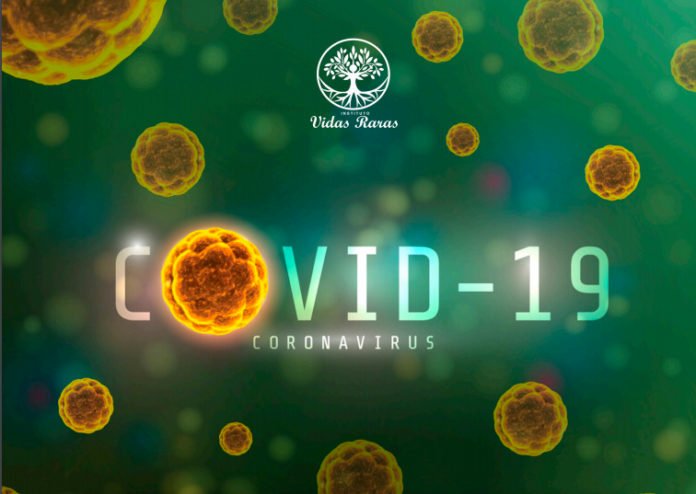 Descrição da imagem #PraCegoVer: Arte da capa da cartilha sobre coronavírus. Ela tem fundo verde e várias imagens do vírus. Fim da descrição.