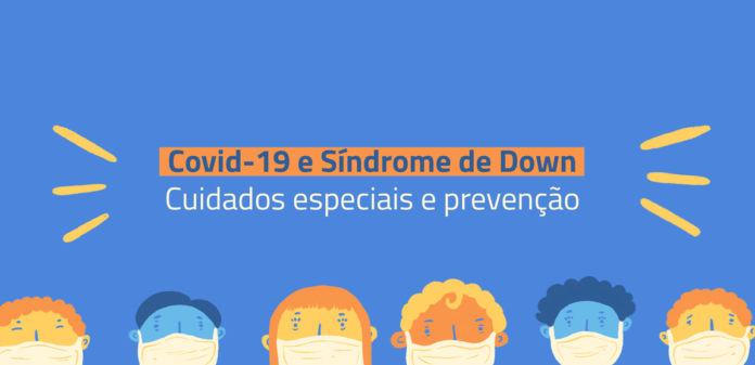Descrição da imagem #pracegover: Uma arte com fundo azul. No centro, num retângulo laranja com letra azul, está escrito: Covid-19 e Síndrome de Down. Abaixo, em branco, está escrito: Cuidados especiais e prevenção. Ao lado dos textos há riscos de destaque em amarelo. Na parte inferior da imagem, desenhos de rostos diversos utilizando máscaras brancas. Fim da descrição.