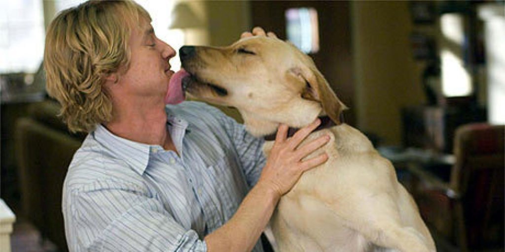 Descrição da imagem #pracegover: Cena do filme Marley & eu. O cachorro está lambendo o rosto de um homem. Fim da descrição.