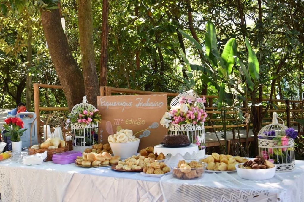 Descrição da imagem #pracegover: Mesa de guloseimas do piquenique inclusivo. Sobre a mesa estão arranjos de flores e um cartaz escrito: piquenique inclusivo. Fim da descrição.