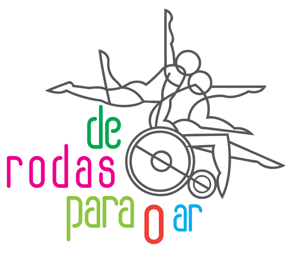 Descrição da imagem #pracegover: Logo da cia de dança De rodas para o ar. A ilustração de uma cadeira de rodas, vista da lateral, com uma pessoa sentada e outra sobre ela com os braços abertos. Fim da descrição.