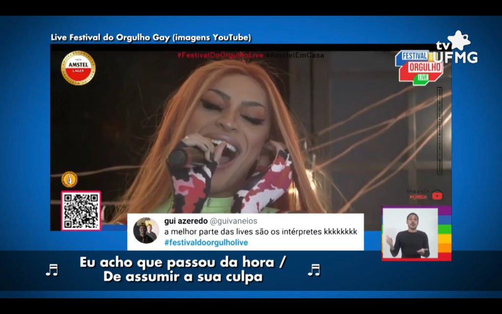 Descrição da imagem #pratodosverem: Imagem da live da cantora Pablo Vittar. No canto inferior, direito, está a janela da tradução em Libras. Nela, está Leo Castilho. Fim da descrição.