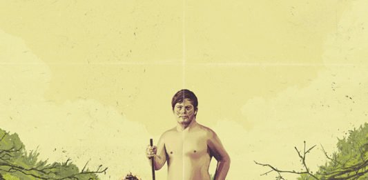 Descrição da imagem #pratodosverem: Arte de divulgação do filme The peanut falcon. Três personagens estão em um pier, na beira de um rio. No centro está um jovem com síndrome de Down. Ao seu lado, estão sentados, um homem e uma mulher. Fim da descrição.