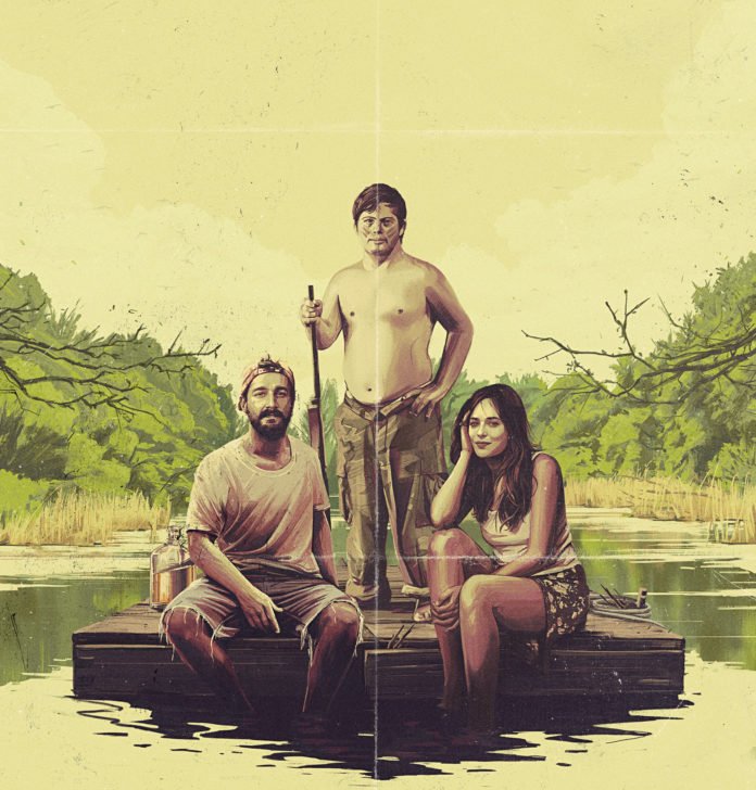 Descrição da imagem #pratodosverem: Arte de divulgação do filme The peanut falcon. Três personagens estão em um pier, na beira de um rio. No centro está um jovem com síndrome de Down. Ao seu lado, estão sentados, um homem e uma mulher. Fim da descrição.