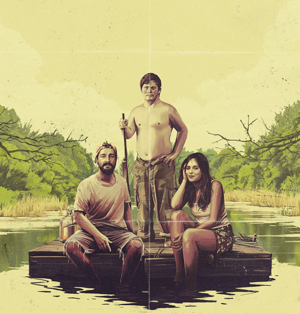 Descrição da imagem #pratodosverem: Arte de divulgação do filme The peanut falcon. Três personagens estão em um pier, na beira de um rio. No centro está um jovem com síndrome de Down. Ao seu lado, estão sentados, um homem e uma mulher. Fim da descrição.