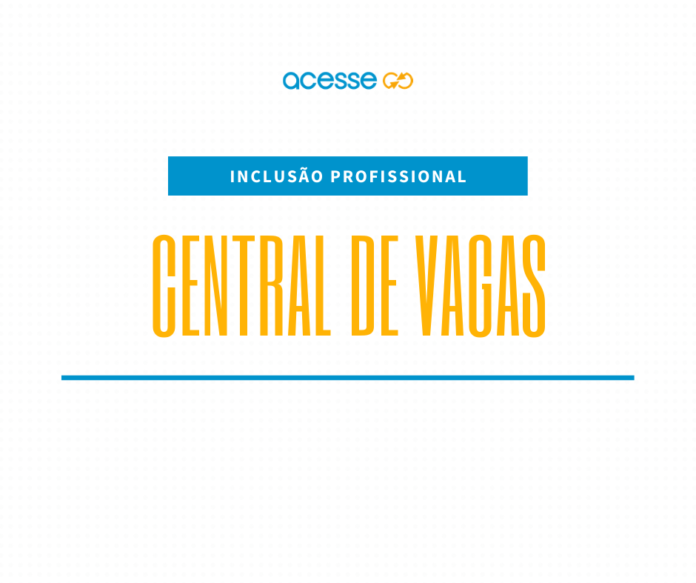 Descrição da imagem #pracegover: Arte de divulgação de vagas. A imagem tem fundo branco e na parte central está escrito, em letras amarelas: Central de Vagas. Na parte superior está o logo do portal acesse e está escrito: Inclusão profissional. Fim da descrição.