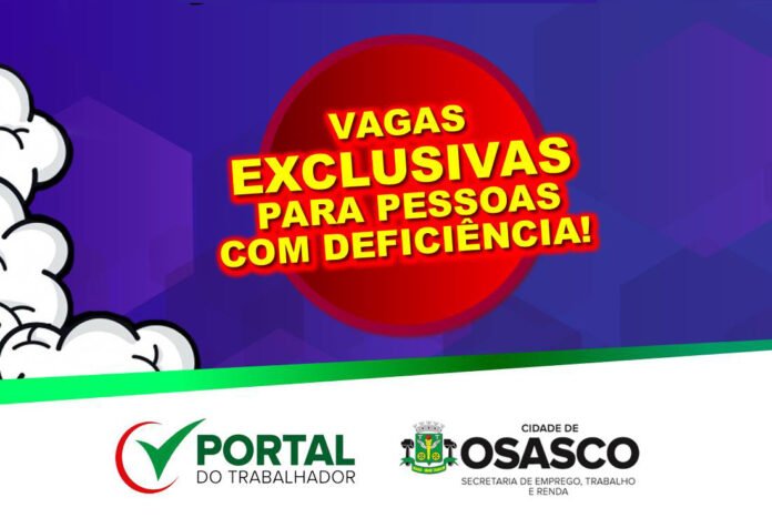 Descrição da imagem #pracegover #pratodosverem: Ilustração com fundo roxo e nuvens de fumaça no canto esquerdo. No centro da imagem está escrito, em caixa alta e letras amarelas com bordas vermelhas: Vagas exclusivas para Pessoas com Deficiência! No rodapé da imagem há uma faixa branca com os logos da Secretaria de Emprego, Trabalho e Renda de Osasco, e do Portal do Trabalhador de Osasco. O logo da secretaria consiste no brasão da cidade, a palavra Osasco escrita em preto e a assinatura da secretaria. O do Portal é o símbolo do visto em verde, dentro de um semi arco vermelho, e os dizeres Portal do Trabalhador ao lado, escritos em verde e preto. Fim da descrição.