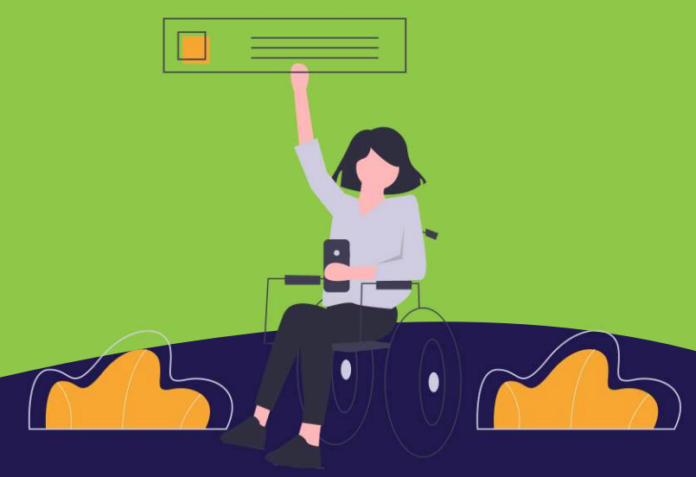 Descrição da imagem #pracegover: Ilustração da cartilha do BPC. A imagem tem fundo verde e nela está o desenho de uma mulher, cadeirante, que está com um celular na mão esquerda. Ela está com a mão direita levantada. Nos cantos inferiores estão desenhos de arbustos. Fim da descrição.