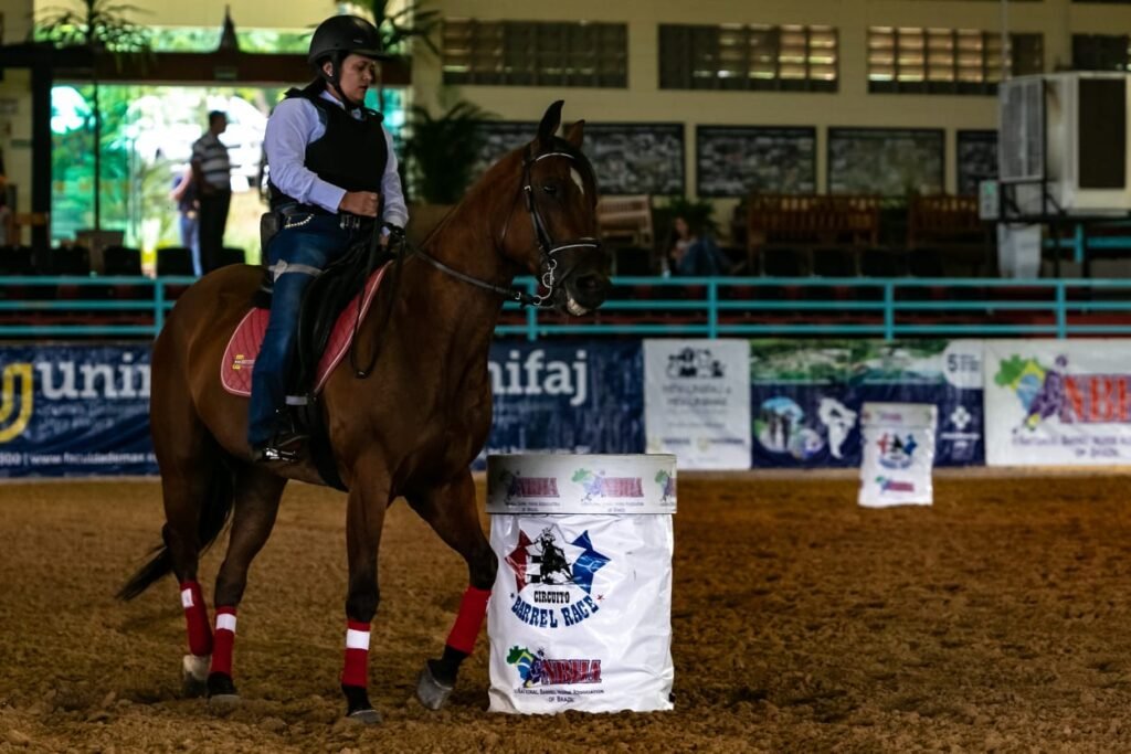 Descrição da imagem #pracegover: A paratleta Andreia Úrsula durante torneio de hipismo. Andreia está montada no cavalo no meio do setting de competição. Fim da descrição.