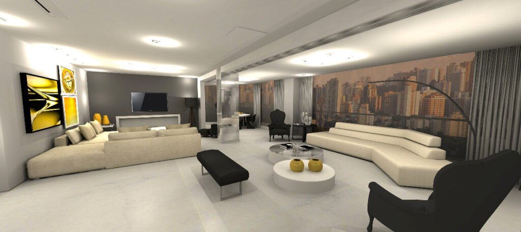 Descrição da imagem #pracegover: Imagem da sala do projeto de arquitetura. Fim da descrição.