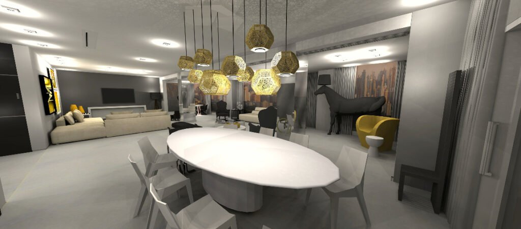 Descrição da imagem #pracegover: Imagem da sala de jantar do projeto. Fim da descrição.