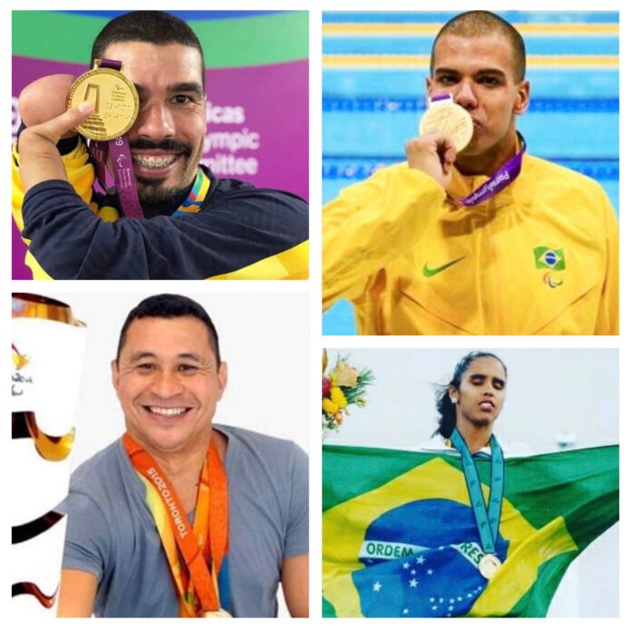 Descrição da imagem #pracegover: Montagem de quatro fotos dos atletas paralímpicos Daniel Dias, André Brasil, Clodoaldo Silva e Ádria Santos, os maiores medalhistas brasileiros de todos os tempos. Fim da descrição.