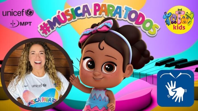 Descrição da imagem #pracegover: Arte de divulgação do projeto Música para todos. A imagem é muito colorida. Na parte superior está escrito, em destaque: Música para todos. Na parte central está a imagem de uma menina. Nas laterais estão um círculo com a foto da cantora Daniela Mercury e a imagem do símbolo da Libras. Fim da descrição.
