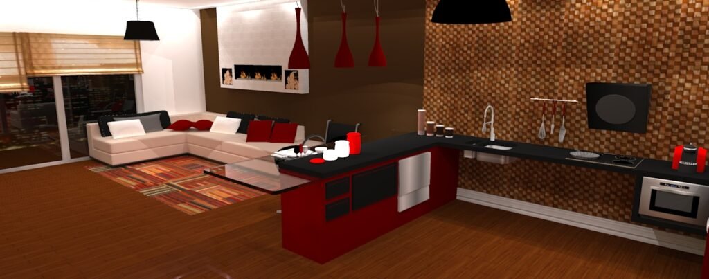 Descrição da imagem #pracegover: Imagem da sala e da cozinha do projeto do loft acessível. Fim da descrição.