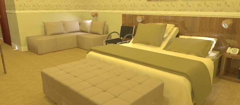 Descrição da imagem #pracegover: Ilustração do quarto de hotel adaptado. Fim da descrição.