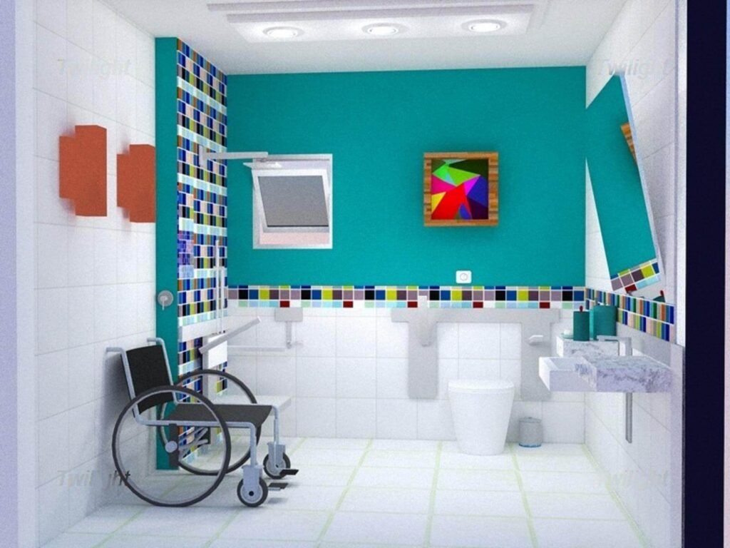 Descrição da imagem #pracegover: O banheiro com adaptações para uma pessoa cadeirante. Fim da descrição.