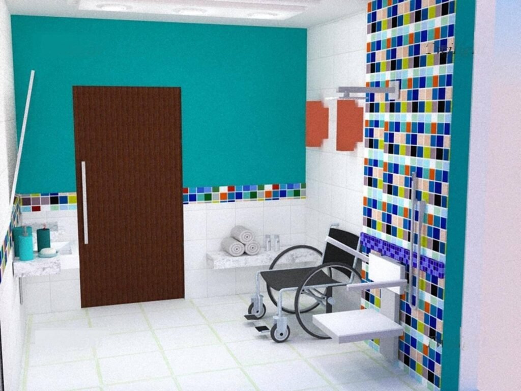 Descrição da imagem #pracegover: O banheiro com adaptações para uma pessoa cadeirante. Fim da descrição.