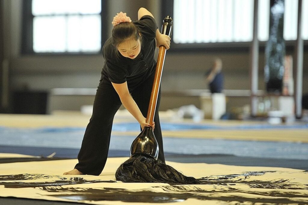 Descrição da imagem #pracegover: Shoko durante criação de uma arte. Ela segura um grande pincel, com as duas mãos, e escreve sobre um tecido no chão. Shoko é uma jovem japonesa. Ela tem cabelos pretos e lisos que estão presos. Ela usa uma calça e camiseta preta. Fim da descrição.