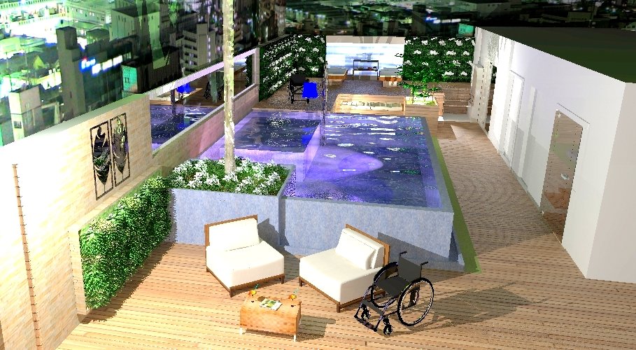 Descrição da imagem #pracegover: Imagem da vista superior do projeto, com a piscina, poltronas e o paisagismo. Fim da descrição.