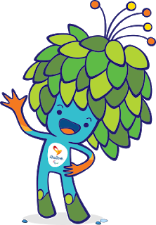 Descrição da imagem #pracegover: Imagem do mascote dos Jogos Paralímpicos Rio 2016. Tom tem o corpo azul e cabelos verdes em forma de folhas. No seu peito está o logo dos Jogos Paralímpicos do Rio. Fim da descrição.