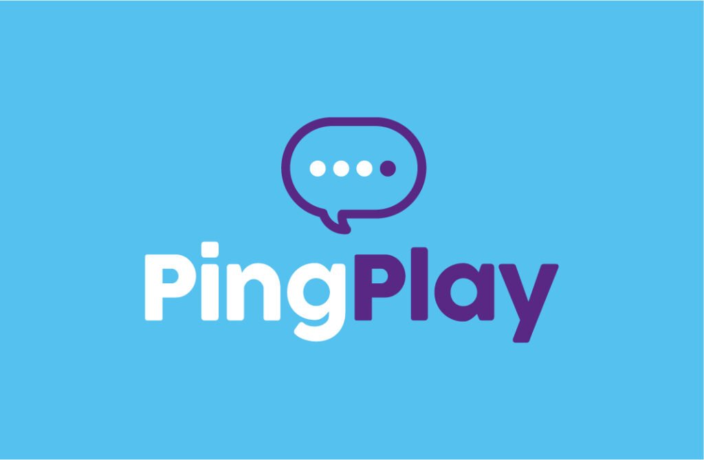 Descrição da imagem #pracegover: Logo da PingPlay. A imagem tem fundo azul e na parte central está uma nuvem com três pontinhos brancos e um pontinho roxo. Abaixo está escrito: PingPlay. Fim da descrição.