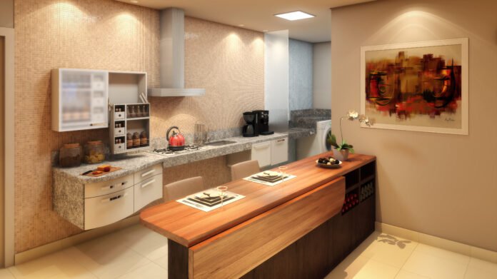 Descrição da imagem #pracegover: Perspectiva da cozinha com acessibilidade. Fim da descrição.