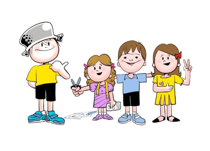 Descrição da imagem #pracegover: Ilustração do Menino Maluquinho com Chico, um menino com síndrome de Down, e suas duas irmãs mais novas, Maria Clara e Maria Antônia. Fim da descrição.