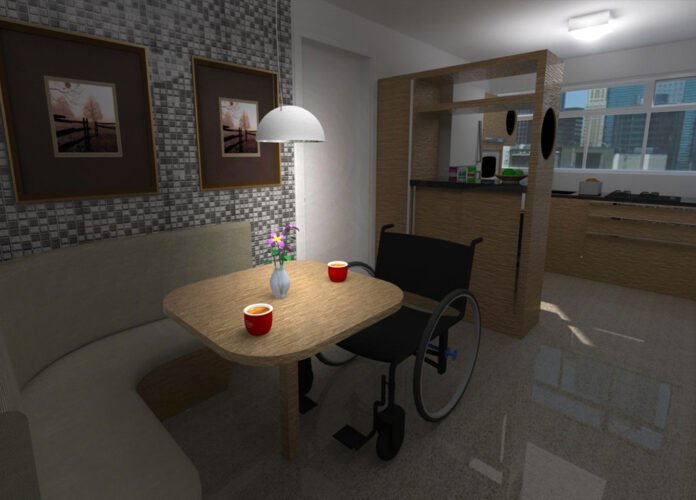 Descrição da imagem #pracegover: Perspectiva da cozinha com acessibilidade. Fim da descrição.