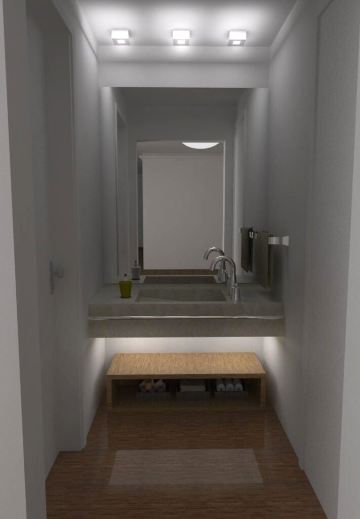 Descrição da imagem #pracegover: Perspectiva do lavabo com acessibilidade. Fim da descrição.