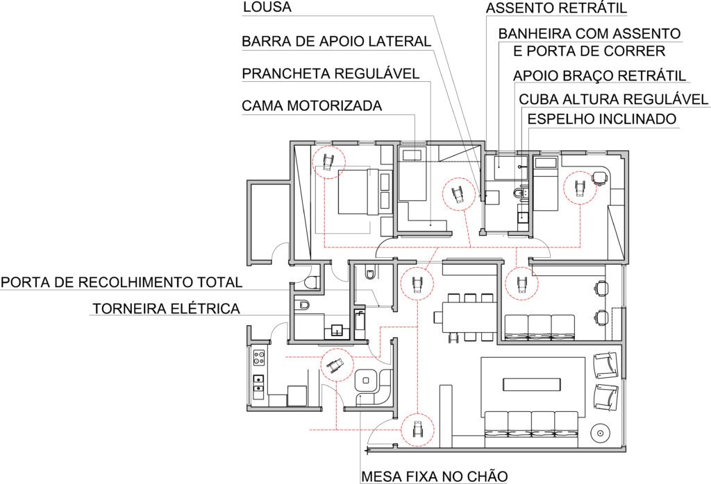Descrição da imagem #pracegover: Planta baixa do apartamento com explicações sobre as intervenções realizadas no projeto. Fim da descrição.