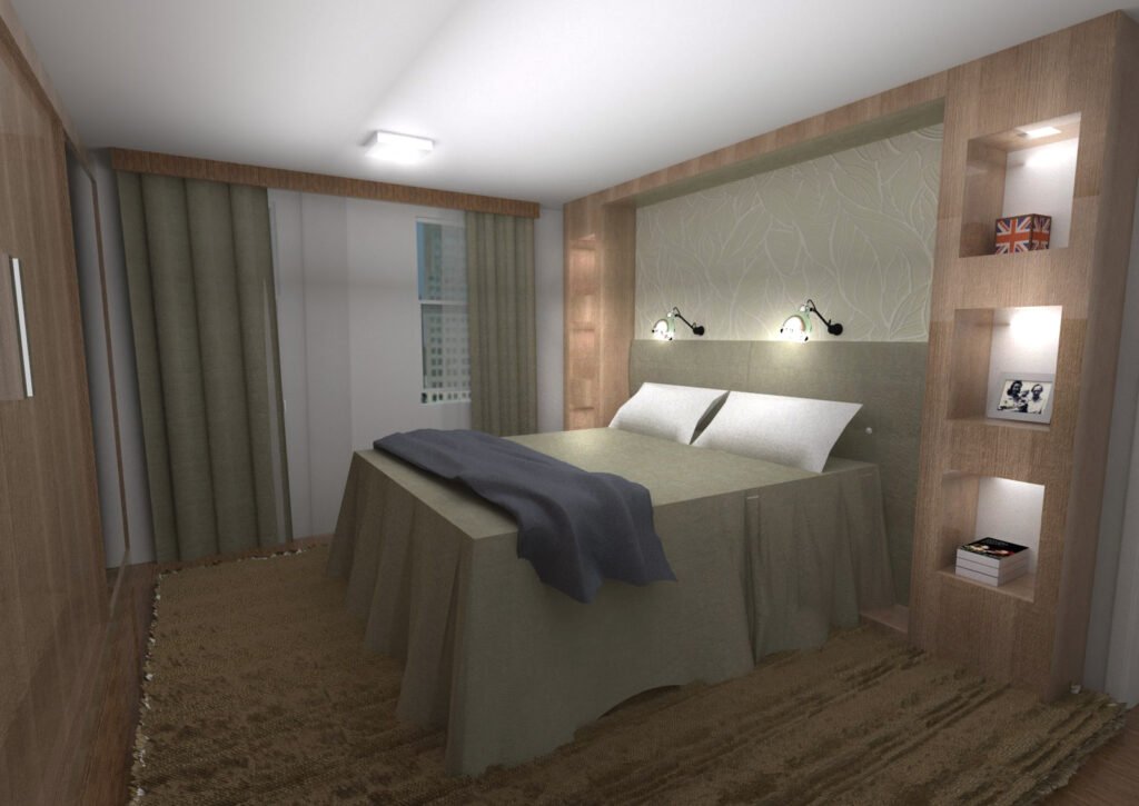 Descrição da imagem #pracegover: Perspectiva do quarto de casal com acessibilidade. Fim da descrição.