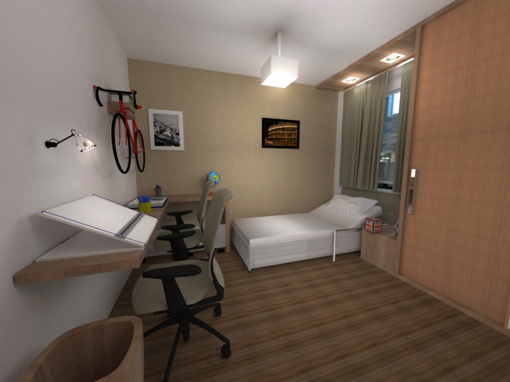 Descrição da imagem #pracegover: Perspectiva do quarto de solteiro com acessibilidade. Fim da descrição.