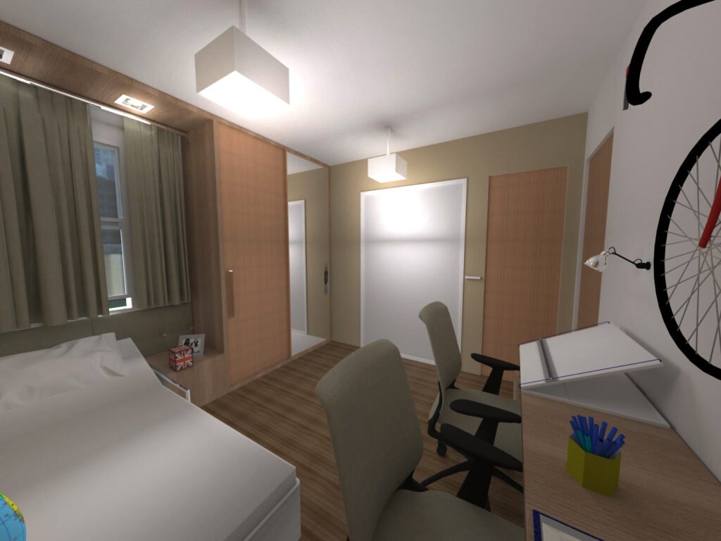 Descrição da imagem #pracegover: Perspectiva do quarto de solteiro com acessibilidade. Fim da descrição.