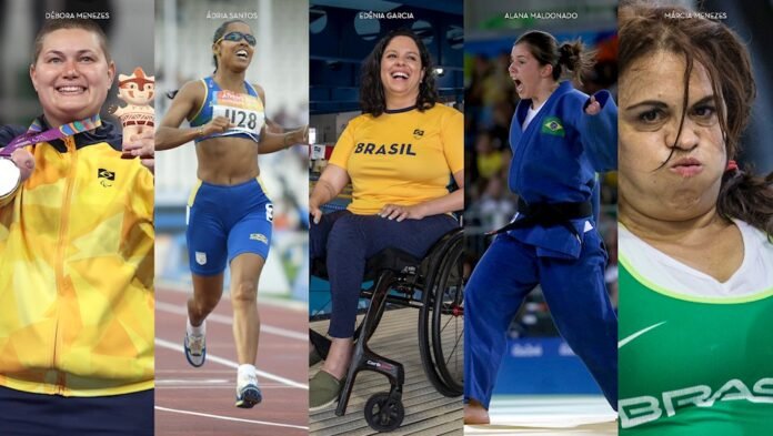 Descrição da imagem #pracegover: Montagem com a foto de cinco atletas brasileiras durante atividade esportiva. Fim da descrição.