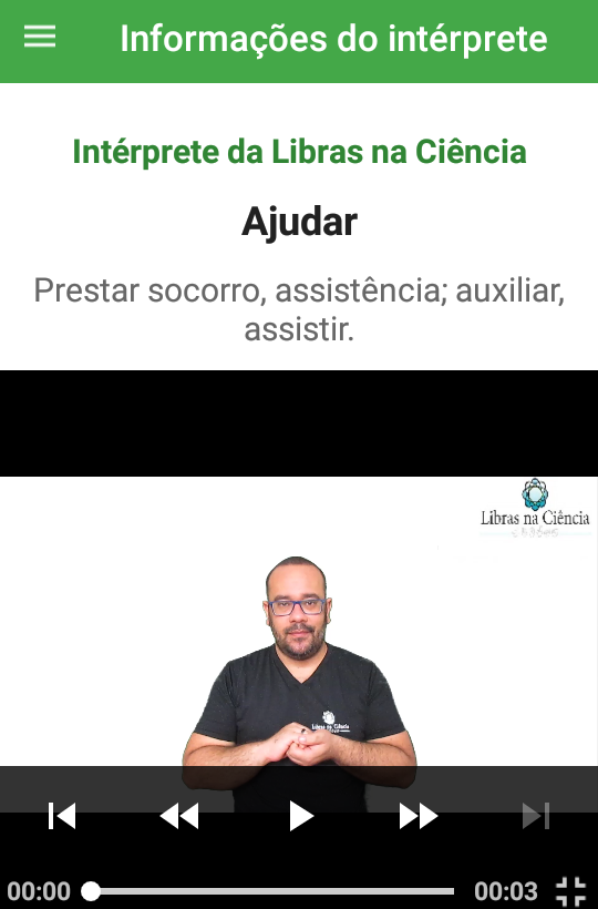 Descrição da imagem #pracegover: Print da tela do app. No centro está o intérprete de Libras. Fim da descrição.