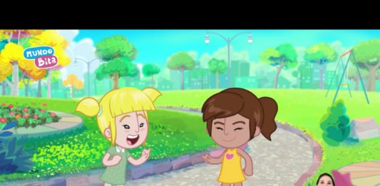 Descrição da imagem: Imagem do clipe. Na arte estão duas meninas conversando em Libras. No canto inferior esquerdo está a intérprete de Libras. Fim da descrição.