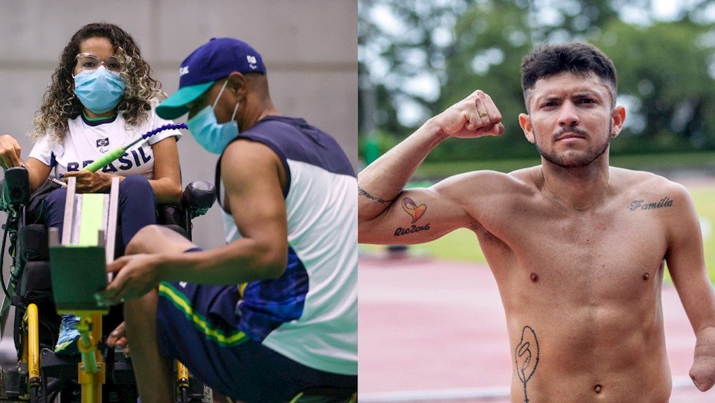 Descrição da imagem: Montagem de fotos dos medalhistas paralímpicos Petrúcio Ferreira e Evelyn Oliveira. Fim da descrição.