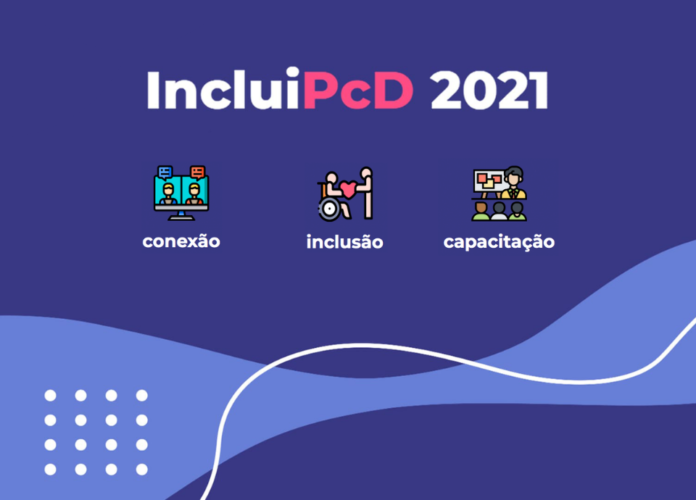 Descrição da imagem: Arte de divulgação do evento. A imagem tem fundo roxo. Na parte superior está escrito: Inclui PcD 2021. Na parte central estão ícones coloridos que representam os termos: conexão, inclusão e capacitação. Na parte inferior está uma imagem orgânica na cor azul com uma linha branca. Fim da descrição.