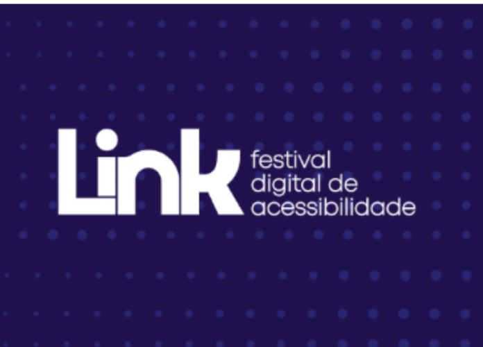 Descrição da imagem: Arte de divulgação do evento. A imagem tem fundo azul escuro com pequenas bolinhas azul claro. No centro está escrito, com letras brancas: Link, festival digital de acessibilidade. Fim da descrição.