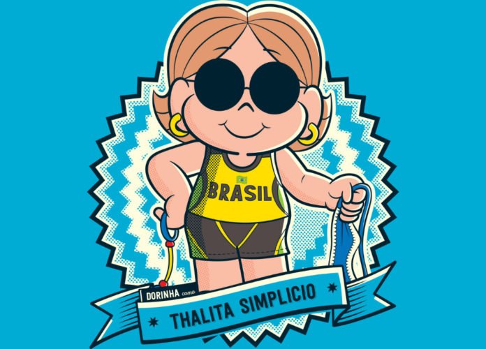 Descrição da imagem: Ilustração da atleta Thalita Simplicio com traços da personagem Dorinha, da Turma da Mônica. A personagem é cega. Ela está com óculos escuros e está usando o uniforme do Brasil. A imagem tem fundo azul. Fim da descrição.