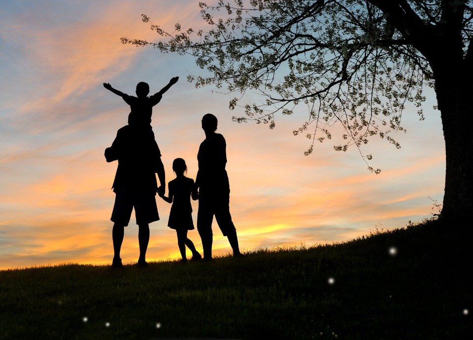 #descriçãodaimagem: Foto feita no entardecer. Uma família, pai, mãe e dois filhos, está ao lado de uma árvore e assistem ao por do sol. Vemos apenas a sombra das pessoas e da árvore. Ao fundo o céu em tons de azul e laranja. Fim da descrição.