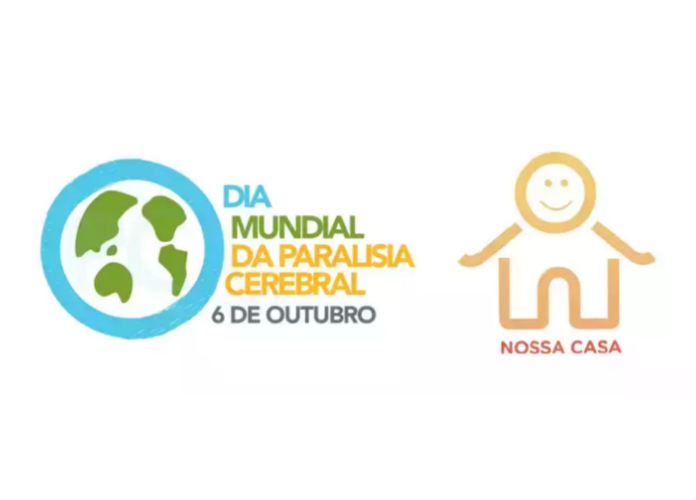 #descriçãodaimagem: Arte de divulgação do Dia Mundial da Paralisia Cerebral. Nela está o desenho de um globo terrestre, a data 6 de outubro, e o logo do Instituto Nossa Casa, formado pelo desenho de uma casa formando o corpo de uma pessoa. Fim da descrição.