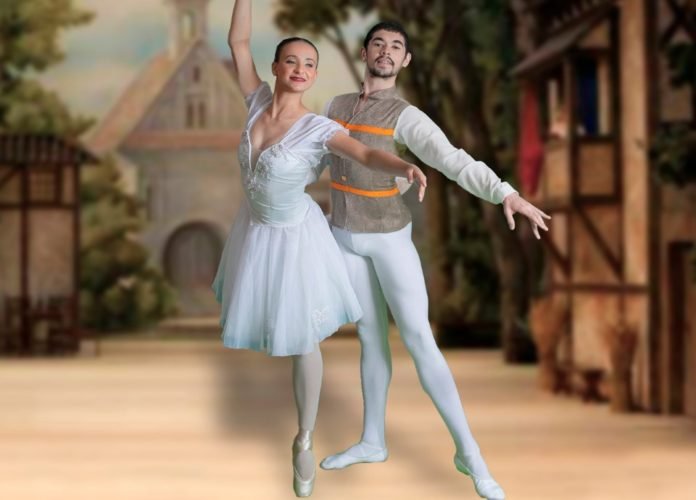 #descriçãodaimagem: foto de uma apresentação dos bailarinos da Cia de Ballet Fernanda Bianchini. Um rapaz e uma moça estão vestindo trajes de ballet clássico. Fim da descrição.