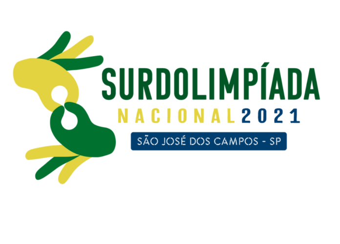 #descriçãodaimagem: arte com o logo da Surdolimpíada Nacional. Duas mãos, verde e amarelo, ao lado da palavra Surdolimpíada Nacional 2021. São José dos Campos - SP. Fim da descrição.