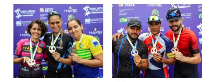 #descriçãodaimagem: montagem com duas fotos dos medalhistas do Ciclismo. Fim da descrição.