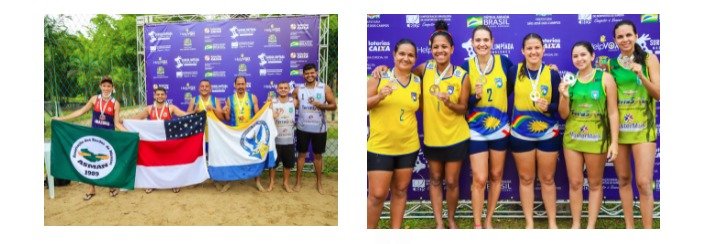 #descriçãodaimagem: montagem com duas fotos dos medalhistas do Vôlei de Praia. Fim da descrição.