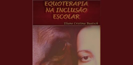 #descriçãodaimagem imagem da capa do livro Equoterapia na inclusão escolar. A capa traz a foto do rosto da equoterapeuta Eliane Baatsch ao lado de um cavalo. Fim da descrição.