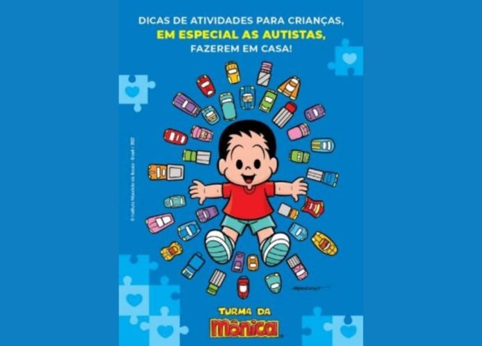 #descriçãodaimagem foto da capa do guia de atividades do André. A imagem é azul e tem a ilustração de André, personagem autista da Turma da Mônica. Fim da descrição.