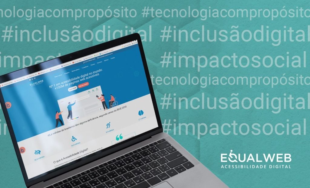 #descriçãodaimagem arte de divulgação da EqualWeb. A imagem tem fundo verde e uma nuvem de palavras como inclusão e impacto, entre outras. Em destaque está a imagem de um computador com a tela inicial da EqualWeb. Fim da descrição.