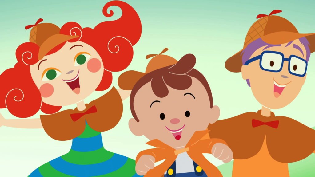 Descrição da imagem: Imagem de reprodução do clipe da Palavra Cantada. Os personagens Pauleco e Sandreca com o detetive Gui. Fim da descrição.